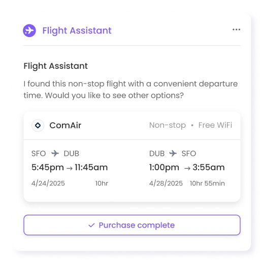 AI flight assistant completing a purchase in conversation