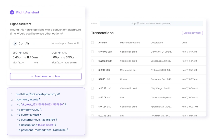 AI flight assistant completing a payment and recording the transaction