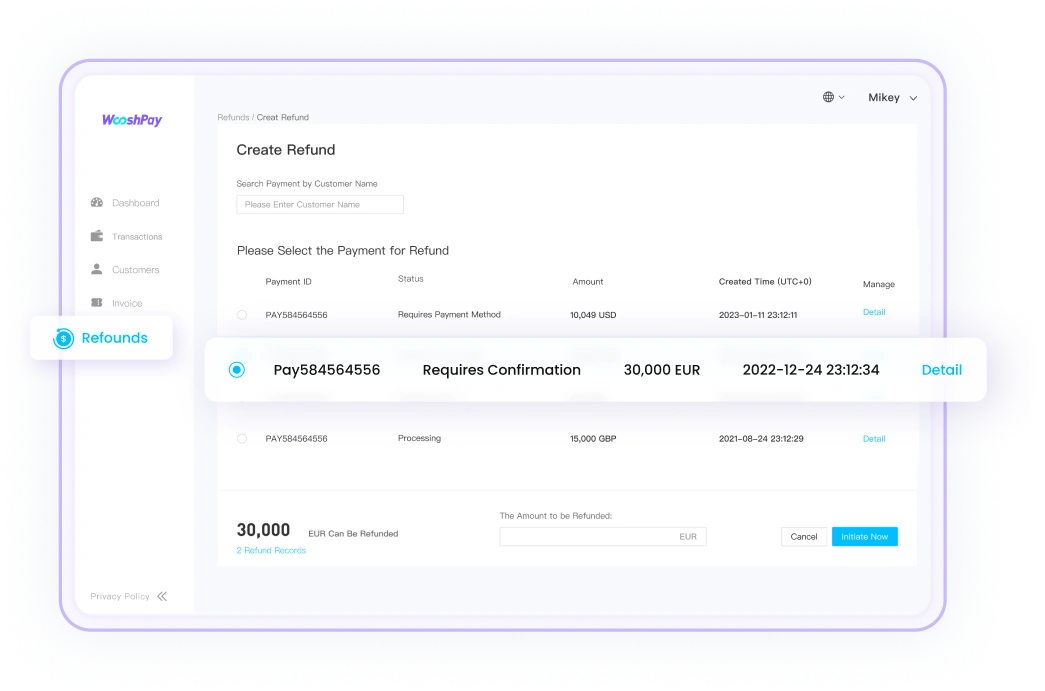 Painel de gestão de reembolsos da WooshPay