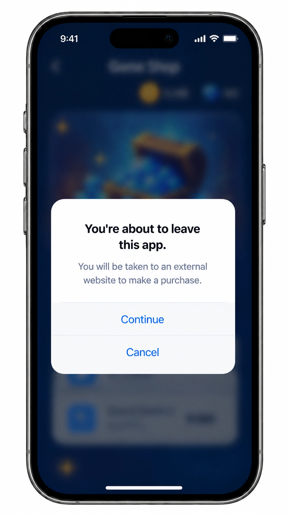 게임을 떠나기 전에 표시되는 iOS 외부 구매 고지