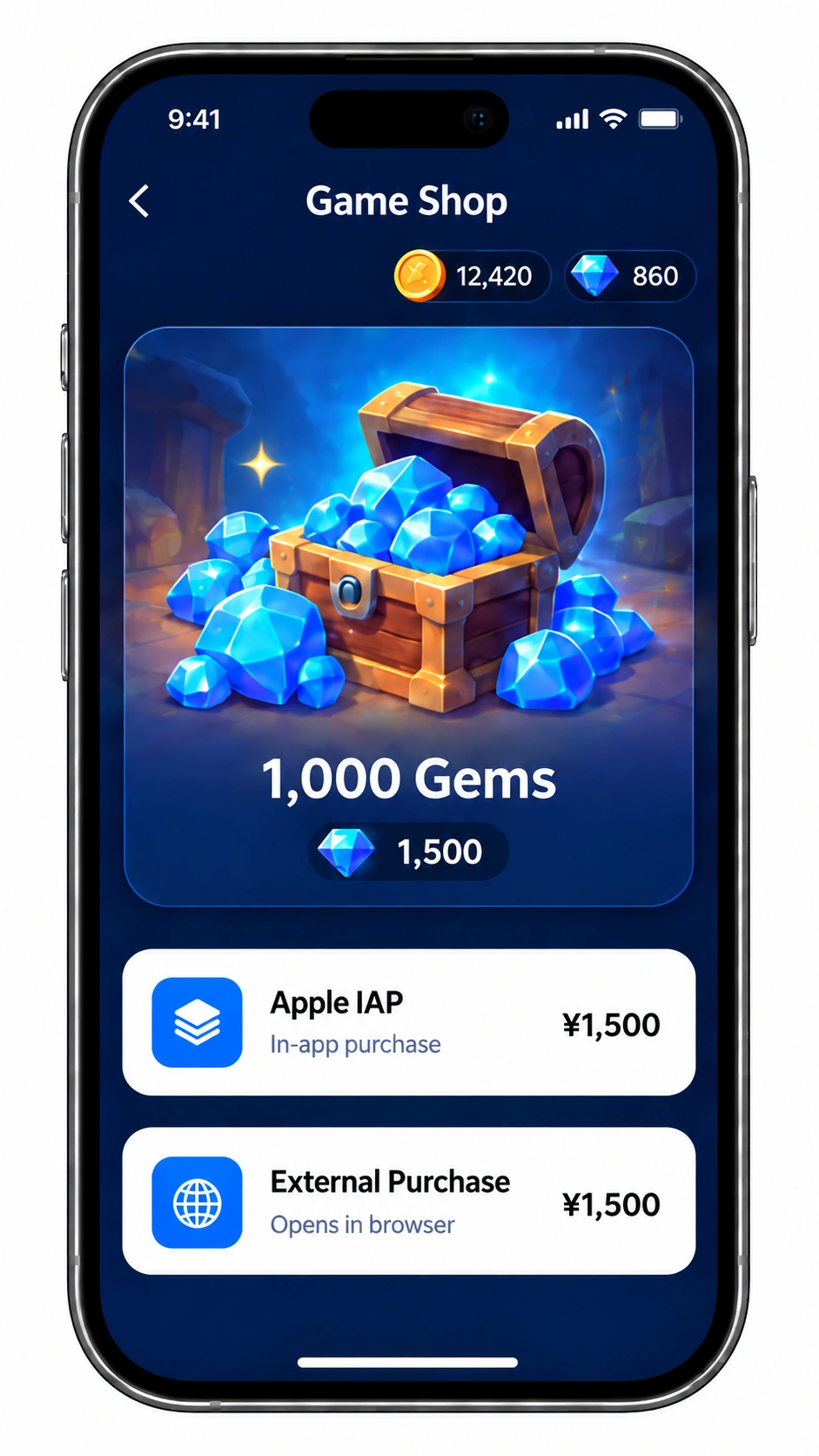 Apple 인앱 구매와 외부 구매 선택지를 제공하는 iOS 게임 상점