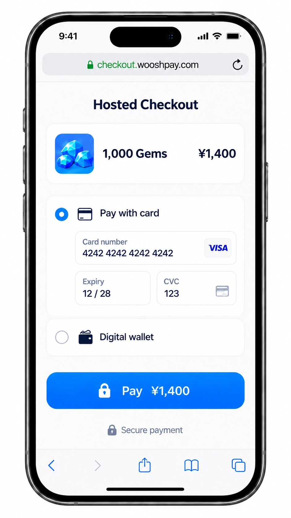 게임 보석 결제를 받는 WooshPay 호스팅 결제 화면