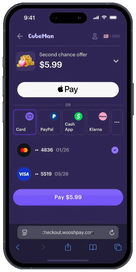 스마트폰 프레임 안에 표시된 WooshPay 모바일 결제 화면