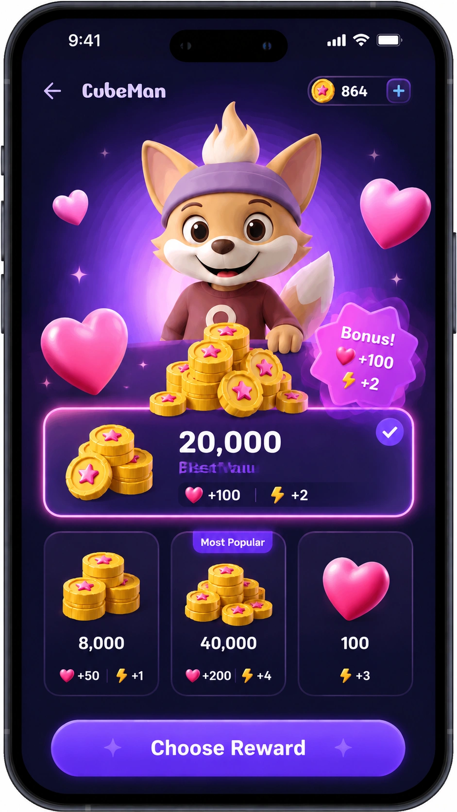스마트폰 프레임 안에 표시된 CubeMon 인앱 보상 구매 화면
