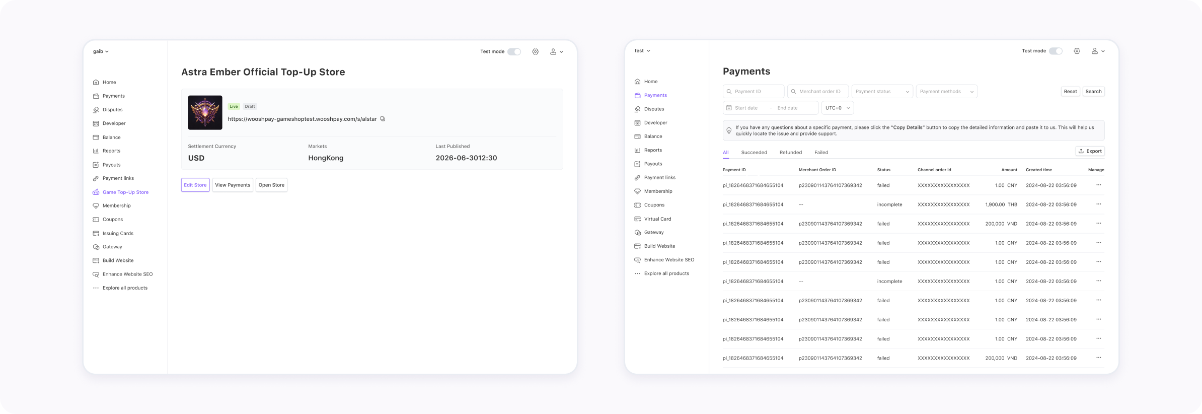 WooshPay Dashboard의 게임 충전 사이트 설정 및 주문 관리
